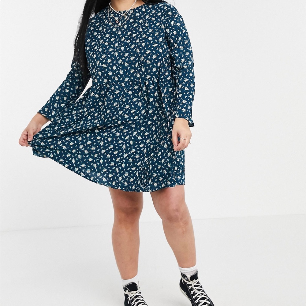 ASOS Design Curve Teal Floral Long Sleeve Smock Mini Dress Size 16
